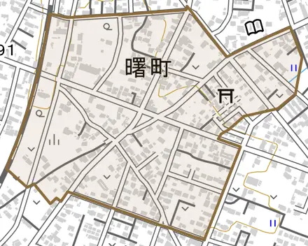 曙町とその周辺の地図。町の範囲を重ねている