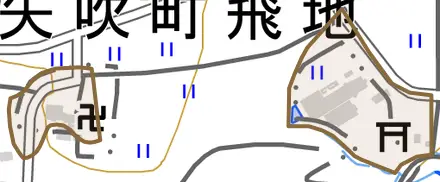 馬場とその周辺の地図。町の範囲を重ねている