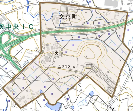 文京町とその周辺の地図。町の範囲を重ねている