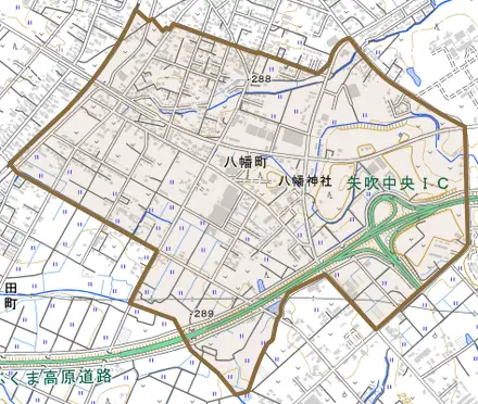 八幡町とその周辺の地図。町の範囲を重ねている