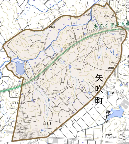 白山とその周辺の地図。町の範囲を重ねている