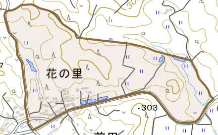 花の里とその周辺の地図。町の範囲を重ねている