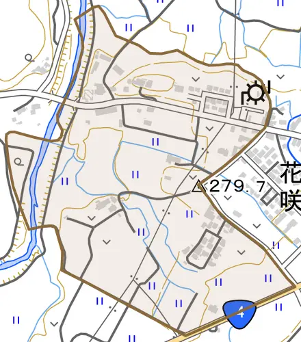 花咲とその周辺の地図。町の範囲を重ねている