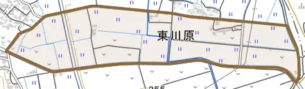 東川原とその周辺の地図。町の範囲を重ねている