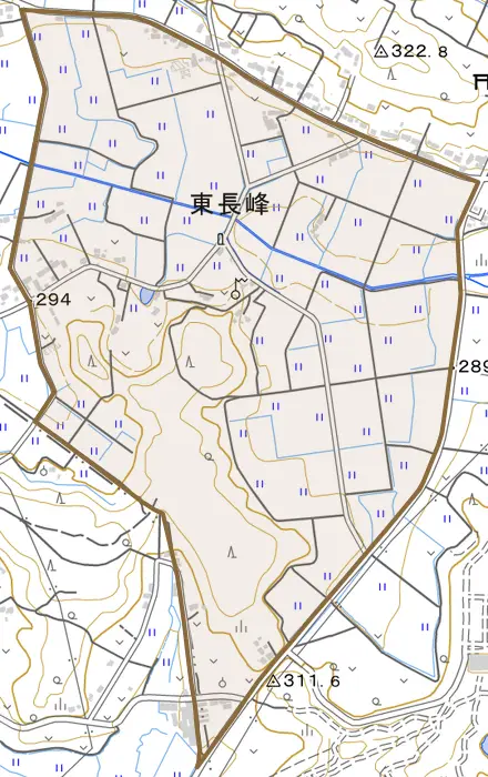 東長峰とその周辺の地図。町の範囲を重ねている