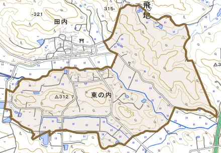 東の内とその周辺の地図。町の範囲を重ねている