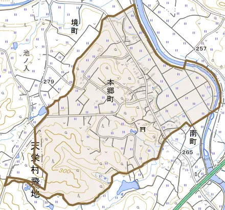 本郷町とその周辺の地図。町の範囲を重ねている