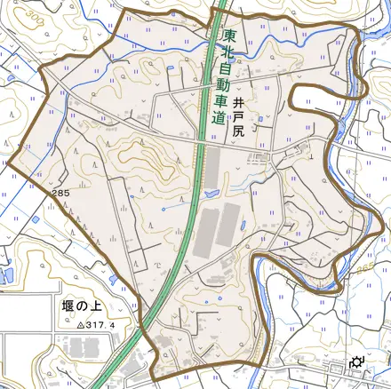 井戸尻とその周辺の地図。町の範囲を重ねている