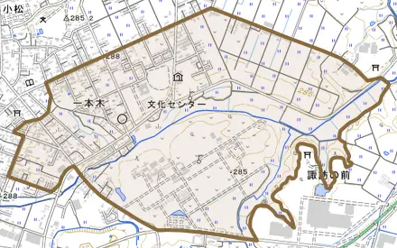 一本木とその周辺の地図。町の範囲を重ねている