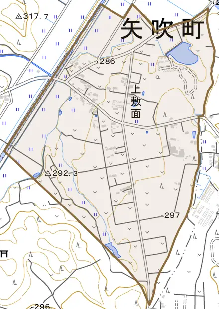 上敷面とその周辺の地図。町の範囲を重ねている