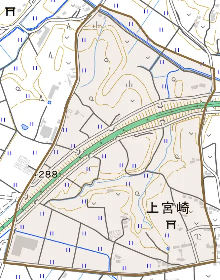 上宮崎とその周辺の地図。町の範囲を重ねている