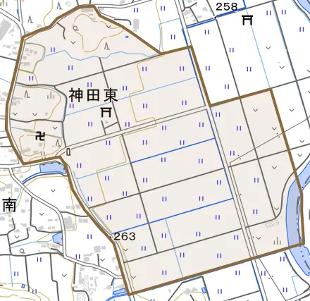 神田東とその周辺の地図。町の範囲を重ねている