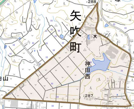神田西とその周辺の地図。町の範囲を重ねている