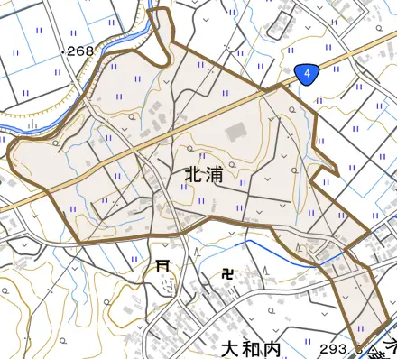 北浦とその周辺の地図。町の範囲を重ねている
