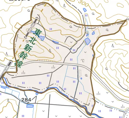 子ハ清水とその周辺の地図。町の範囲を重ねている
