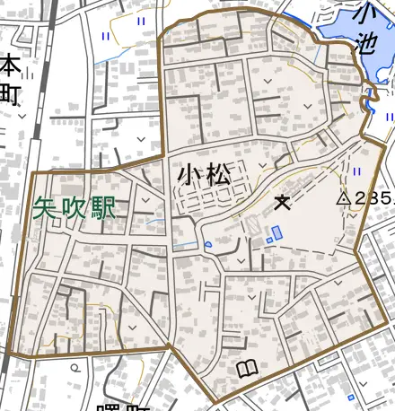 小松とその周辺の地図。町の範囲を重ねている