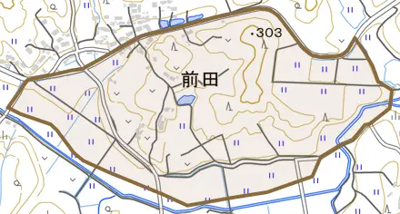 前田とその周辺の地図。町の範囲を重ねている