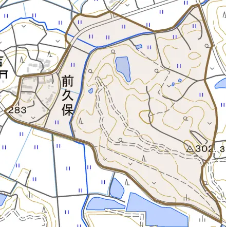 前久保とその周辺の地図。町の範囲を重ねている