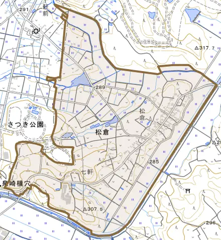 松倉とその周辺の地図。町の範囲を重ねている
