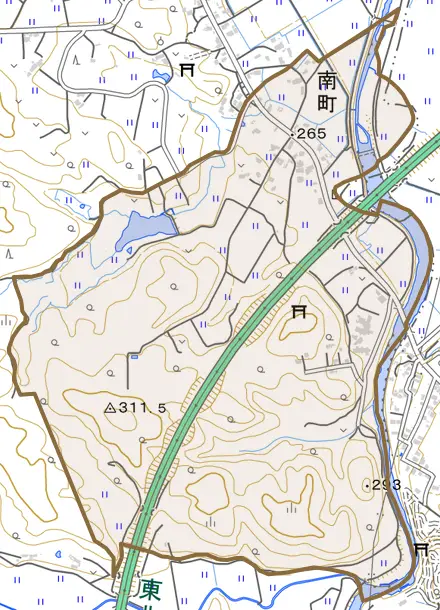 南町とその周辺の地図。町の範囲を重ねている