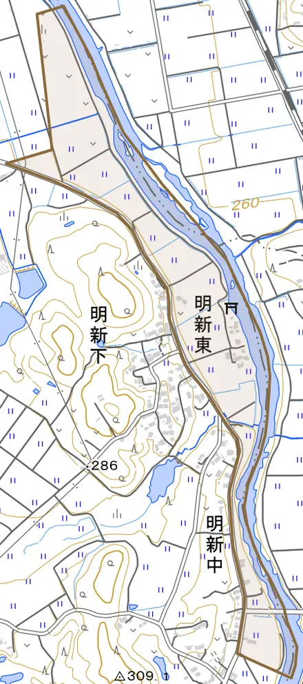 明新東とその周辺の地図。町の範囲を重ねている