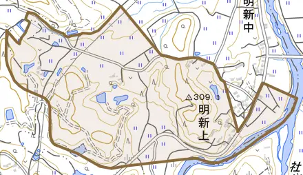 明新上とその周辺の地図。町の範囲を重ねている