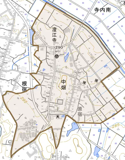 中畑とその周辺の地図。町の範囲を重ねている