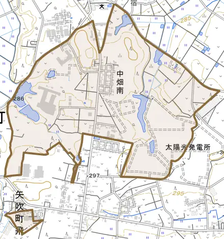 中畑南とその周辺の地図。町の範囲を重ねている