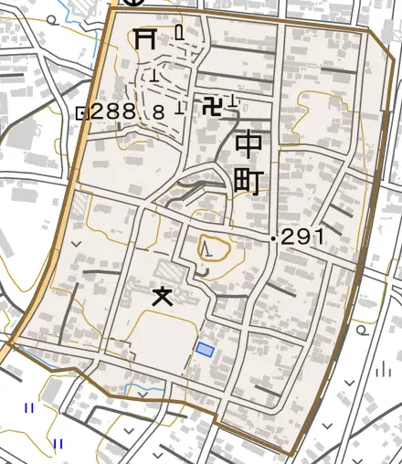 中町とその周辺の地図。町の範囲を重ねている