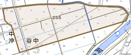 中沖とその周辺の地図。町の範囲を重ねている