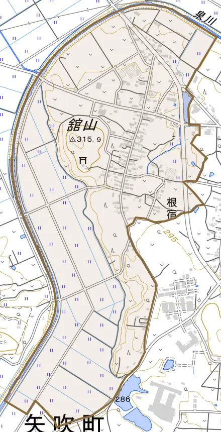 根宿とその周辺の地図。町の範囲を重ねている