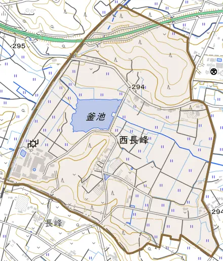 西長峰とその周辺の地図。町の範囲を重ねている
