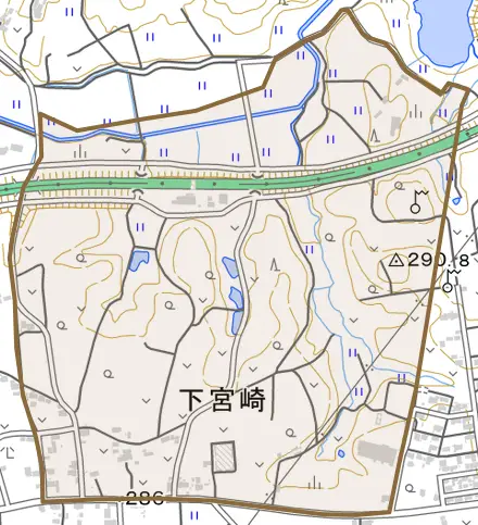 下宮崎とその周辺の地図。町の範囲を重ねている