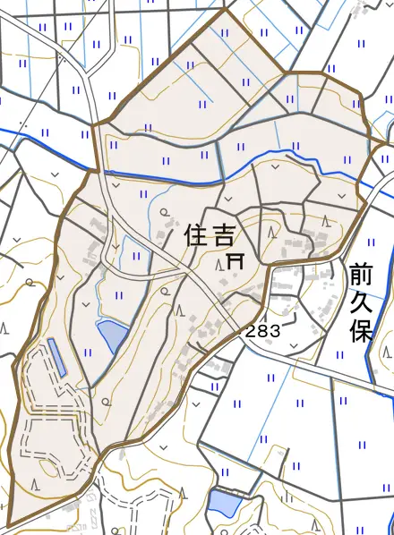 住吉とその周辺の地図。町の範囲を重ねている