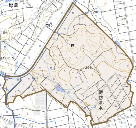 諏訪清水とその周辺の地図。町の範囲を重ねている