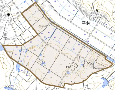 国神とその周辺の地図。町の範囲を重ねている