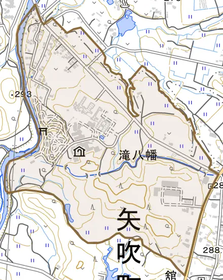 滝八幡とその周辺の地図。町の範囲を重ねている