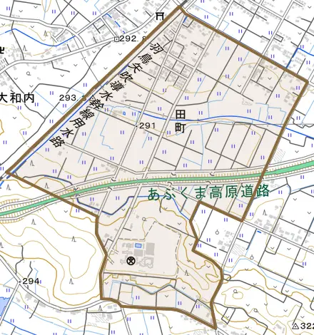 田町とその周辺の地図。町の範囲を重ねている