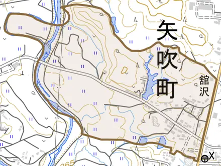 舘沢とその周辺の地図。町の範囲を重ねている