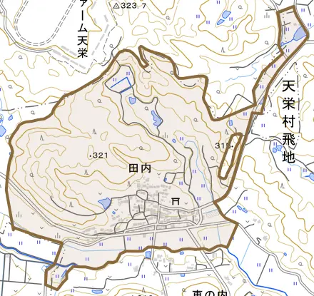 田内とその周辺の地図。町の範囲を重ねている
