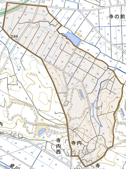 寺内とその周辺の地図。町の範囲を重ねている