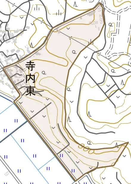 寺内東とその周辺の地図。町の範囲を重ねている