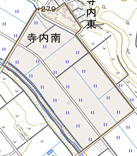 寺内南とその周辺の地図。町の範囲を重ねている