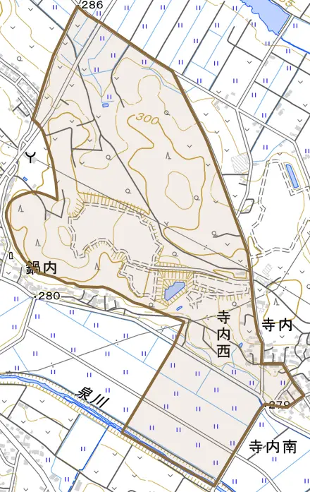 寺内西とその周辺の地図。町の範囲を重ねている