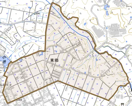 東郷とその周辺の地図。町の範囲を重ねている