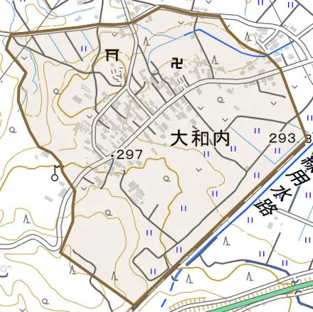 大和内とその周辺の地図。町の範囲を重ねている