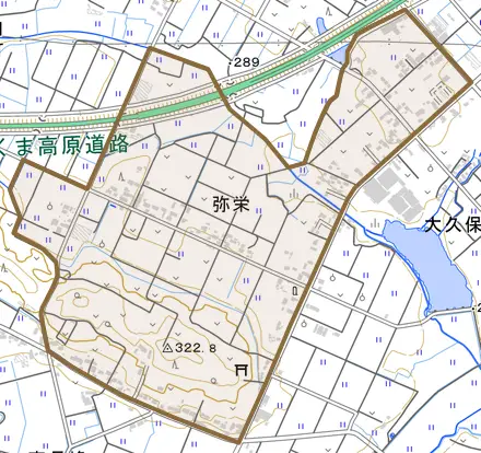 弥栄とその周辺の地図。町の範囲を重ねている