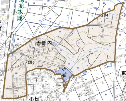 善郷内とその周辺の地図。町の範囲を重ねている