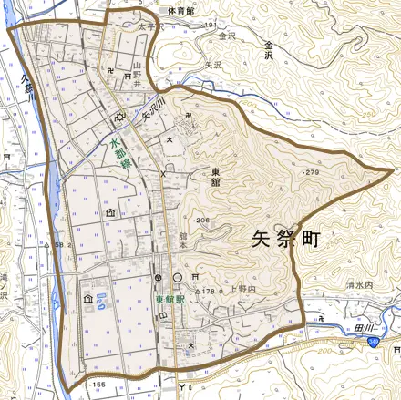 大字東舘とその周辺の地図。町の範囲を重ねている