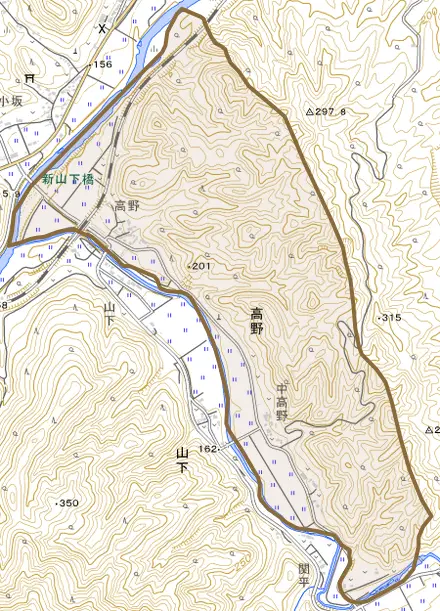 大字高野とその周辺の地図。町の範囲を重ねている